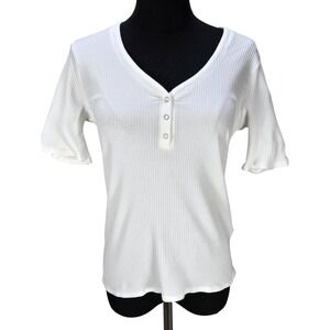 Women's Marie Sixtine Large White Ribbed Cotton Henley Short Sleeve Top